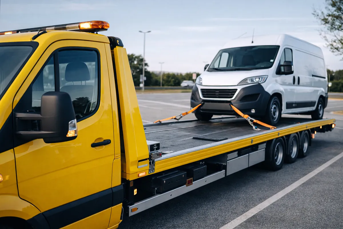 Prise en charge d’un véhicule utilitaire par dépanneuse Ines Transport